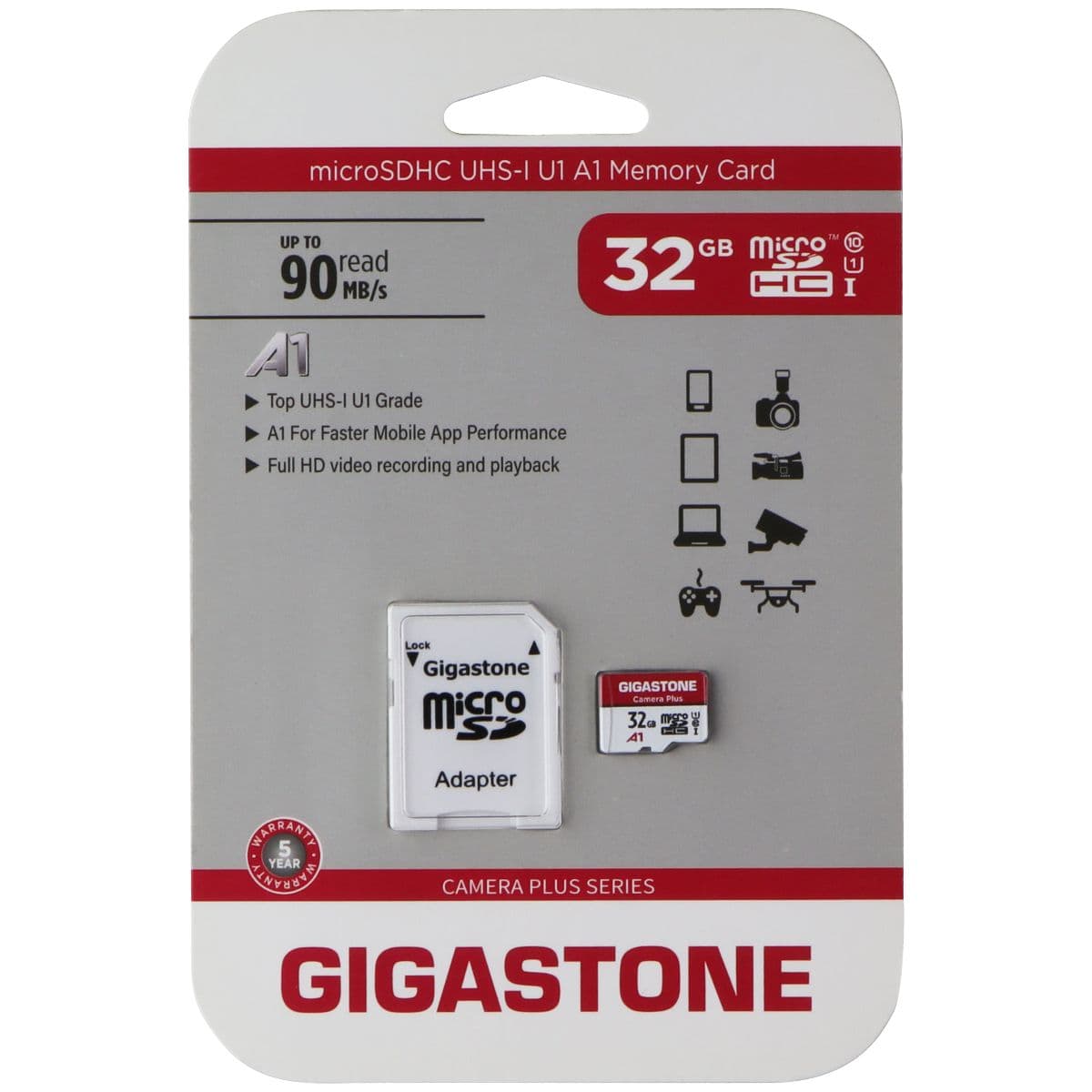 Gigastone 32GB Micro SDHC UHS-1 Class 10 90MBs Memory Card and Adapter image 1