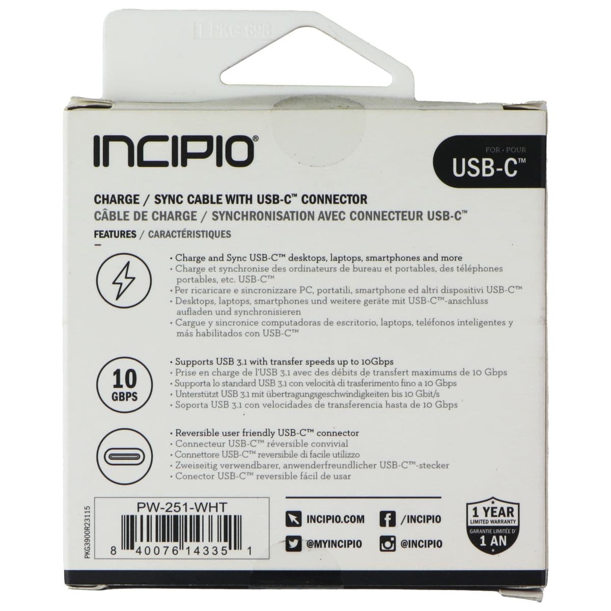 Incipio (1m/3.3 Foot) USB-C 3.1 to USB-C Charge/Sync Cable - White image 2