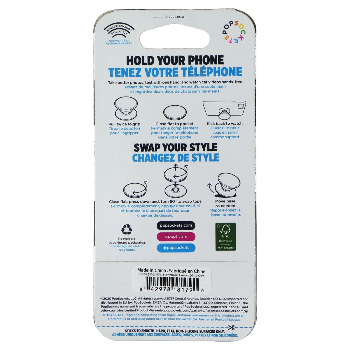 PopSockets PopGrip Expanding Stand Grip w/ Swappable Top - AFL Hawthorn Hawks image 3