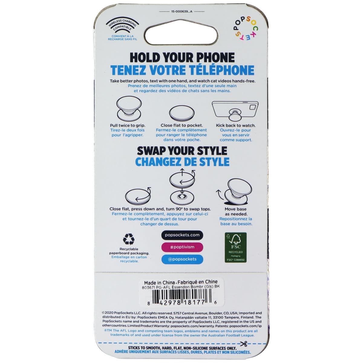 PopSockets PopGrip Expanding Stand Grip w/Swappable Top - AFL Essendon Bomber image 3