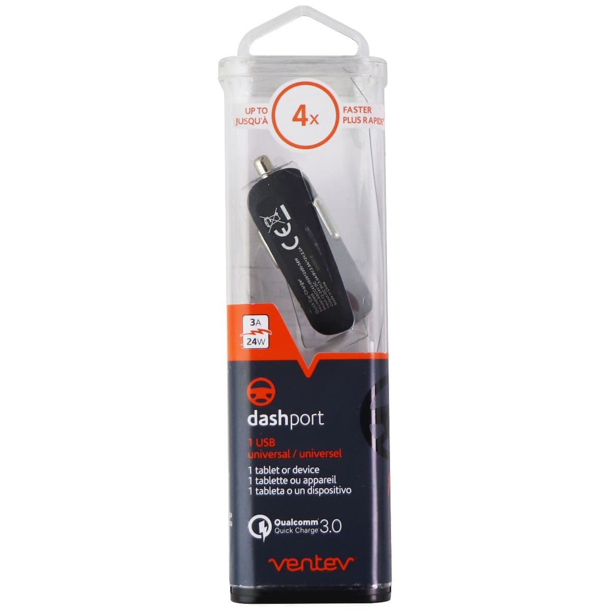 Ventev (24W/3A) QC 3.0 Single USB Vehicle Car Adapter/Charger - Gray image 1