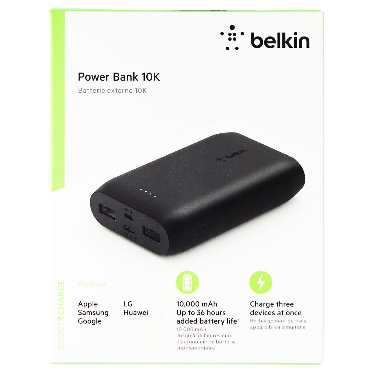 Belkin Portable Power Bank Charger 10K with USB-C and Dual USB Ports - Black image 1